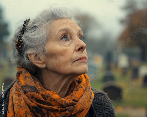 Mature grandmother deep in thought about death, with a cemetery visible in the background, capturing the concept of aging and mortality