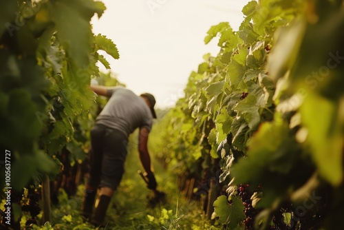 A man works in a vineyard, harvesting grapes.