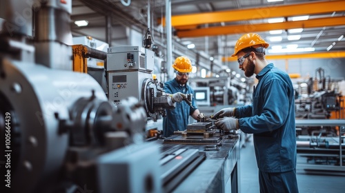 Industrial Workers Operating Machinery in Modern Factory