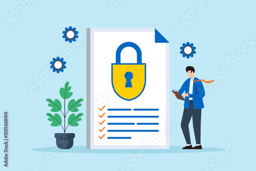 Flat illustration of man reviewing security policies and protocols to ensure compliance with industry standards