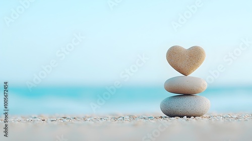 A tranquil scene featuring a minimalist arrangement of two heart shaped stones on a serene beach with gentle waves and a calming backdrop of the ocean This image evokes a sense of harmony romance