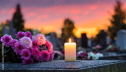 Bougie et fleurs dans un cimetière, lors du deuil de la Toussaint