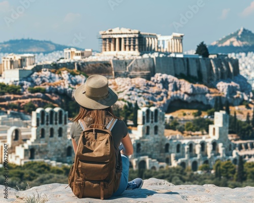 A woman with a backpack admires the view of a historic site. AI.