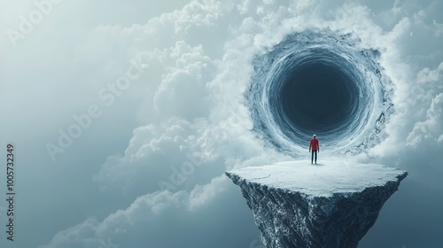 Solitary Figure Stands at the Edge of a Dimensional Vortex