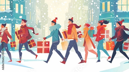 a group of people in winter clothes of different genders and ages and different professions are rushing to choose gifts with gift boxes along a snowy street to wish their relatives and friends a happy