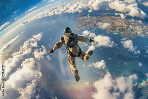 Parachutist with parachute makes heavenly adventure against backdrop of landscape