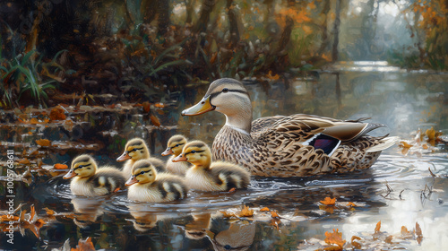 Ducklings and Mom in Autumn Creek: A mother duck leads her five ducklings down a tranquil creek in a picturesque autumn scene. The soft sunlight filters through the trees.