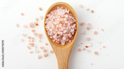 Wooden spoon filled with pink salt against the solid white background