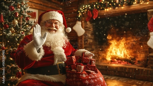 Santa Claus cheerfully waves near a roaring fireplace, with a large red sack of presents at his side, next to a brightly decorated Christmas tree in a cozy wooden house.