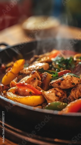 Close-up of Sizzling Chicken Fajitas with Colorful Bell Peppers and Onions in a Hot Skillet