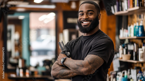 A smiling Black man, a barber, stands proudly in his shop, holding his clippers. He's happy and successful running his own business, a place where people come to look and feel their best.