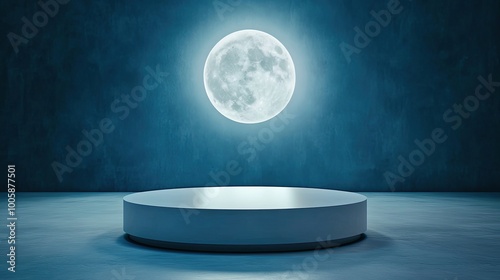 A serene scene featuring a glowing full moon above a circular platform, perfect for showcasing products or artistic presentations.