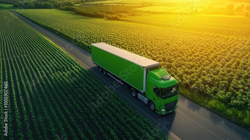 Aerial view of a green truck driving through expansive green fields at sunset, showcasing agricultural transportation.