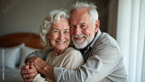 Portrait, bedroom and old couple with smile, hug and bonding together with anniversary, care and home. Face, senior man and mature woman with embrace