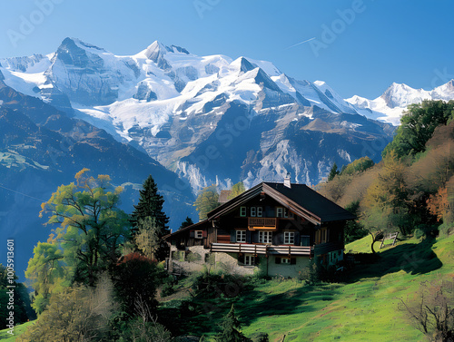 "Majestic Swiss chalet nestled in the snowcapped Alps, a cozy winter retreat for relaxation."