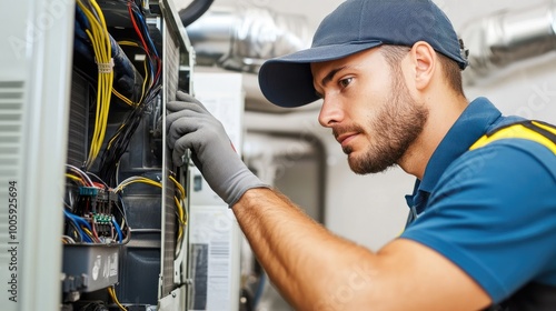 Electrician working on electrical panel wiring with precision and focus in a residential setting.