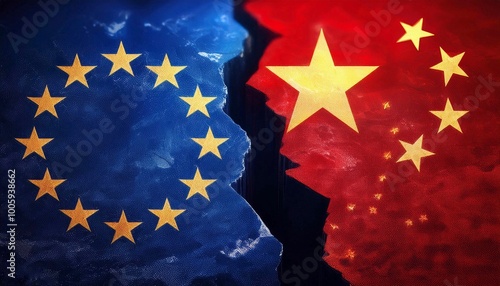 China vs EU (Europe Union) flags icon on cracked wall background, abstract China Europe international politics economy relationship friendship conflicts concept wallpaper