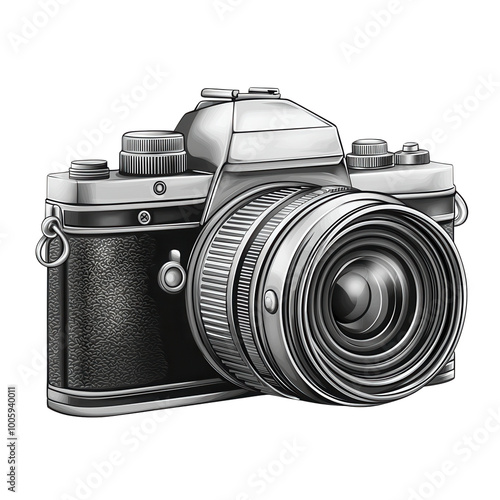 Vintage film camera with a large lens, ideal for classic photography enthusiasts. Perfect representation of a traditional analog camera isolate on transparency background