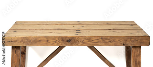 Natural wooden table for product placement, rustic style display furniture, flat top design isolated on white background, perfect for showcasing goods in stock photography