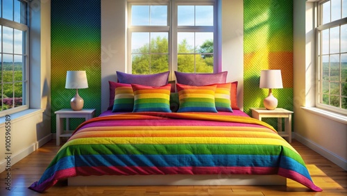 Colorful rainbow bedspread and pillows brightening up a room with a window , rainbow, bedspread, pillows, colorful, vibrant