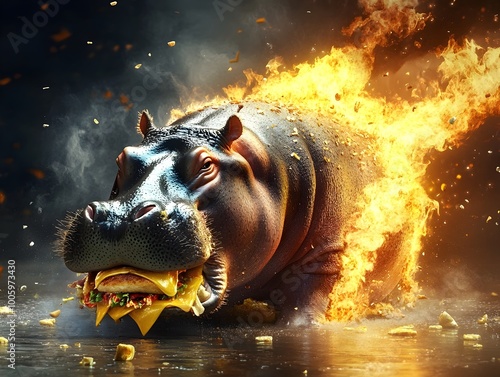 Reckless and ravenous hippo hastily scarfing down fast food as flames engulf the scene captured in a moment of primal unrestrained urgency and chaos