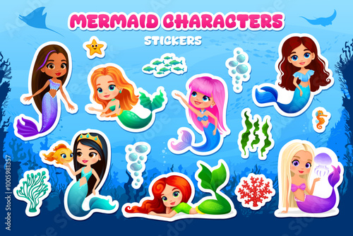 Cartoon mermaid characters stickers of cute underwater little girls with sea animals, vector icons. Cartoon baby mermaid characters of undersea water princess and pretty sirens in ocean water