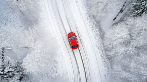 Aerial drone above top view of a car driving on a snow mountain road near the sea, winter forest landscape with ice and frost. Vacation concept, travel by car. Space for text or design. Generative AI.