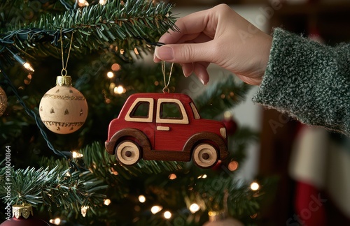 A hand decorates a Christmas tree with a red car ornament amid festive lights and traditional baubles