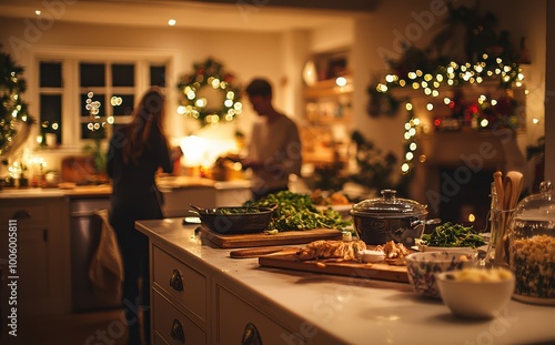 A family preparing a festive meal in a warmly lit kitchen decorated with Christmas lights and wreaths