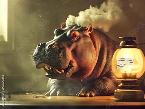 Angry Hippo Ranting Furiously About Excessive Electricity Bill in a Hot Humid and Steamy Jungle Like Atmosphere