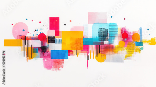 Abstract contemporary art collage with vibrant geometric shapes and colors creating a dynamic and visually stimulating composition on a clean white background.