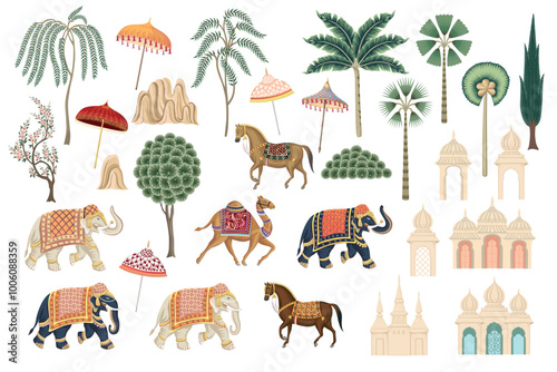 Elephant, horses, camel, palm tree, umbrella, architecture oriental set. Indian vector collection.