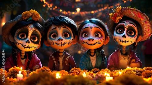 Group of 4 children in cartoon style, inspired by the movie Coco by Disney and Pixar.