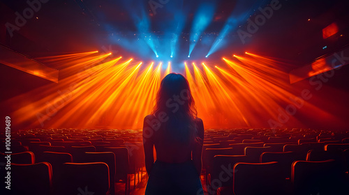 Woman Stands in Empty Theater with Bright Lights