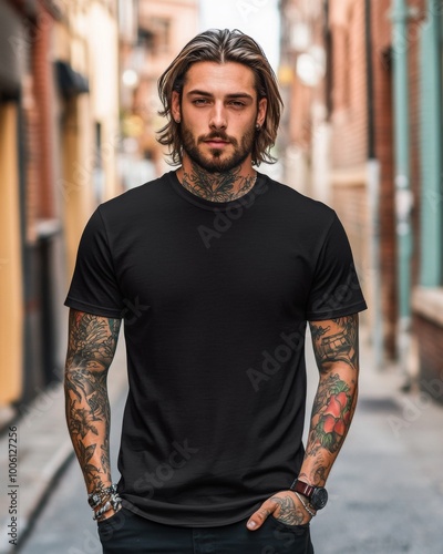 Street style photo of handsome man with tattoos wearing black blank t-shirt mockup 