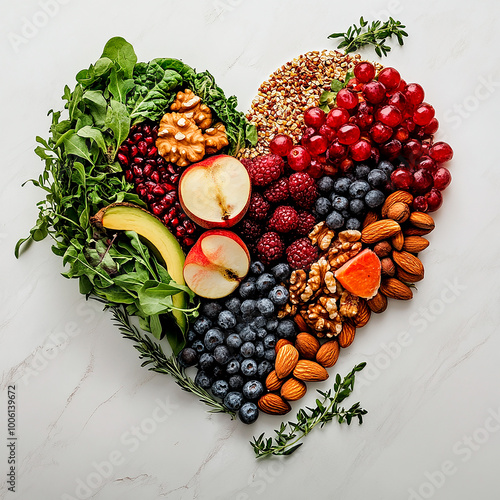 Heart-shaped composition of fresh fruits, vegetables, nuts, and whole grains on light background symbolizing healthy eating and heart health 