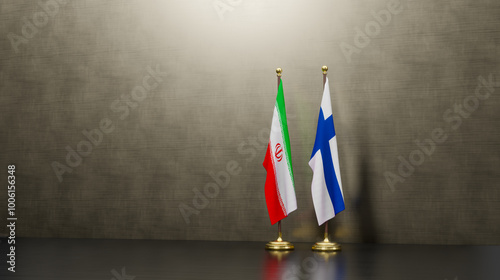 Iran and Finland flags on table. Negotiation between Finland and Iran. on background. 3D work and 3D image