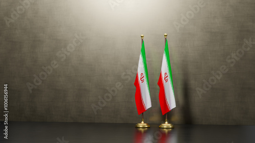 Iran and Iran flags on table. Negotiation between Iran and Iran. on background. 3D work and 3D image