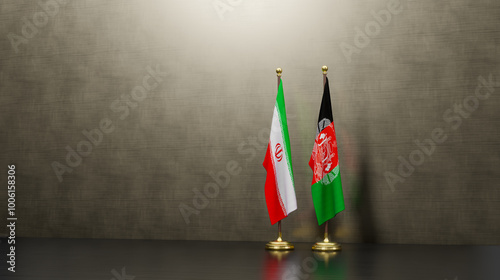 Iran and Afghanistan flags on table. Negotiation between Afghanistan and Iran. on background. 3D work and 3D image