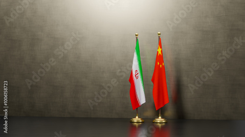 Iran and China flags on table. Negotiation between China and Iran. on background. 3D work and 3D image