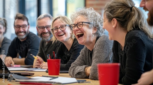 A multi-generational team sharing a moment of laughter while collaborating on a project, with small red accents like notebooks or office decor subtly woven into the frame