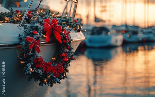 A festive boat adorned with a Christmas wreath and decorations, set against a serene marina at sunset.