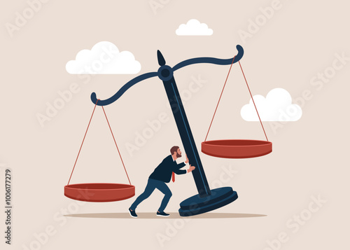 Nervous businessman trying to hold up the scales of justice from falling. Corruption and dishonesty. Flat vector illustration