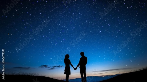 A couple holding hands under a starry sky, symbolizing a promise to stay together forever, promise under stars, eternal love