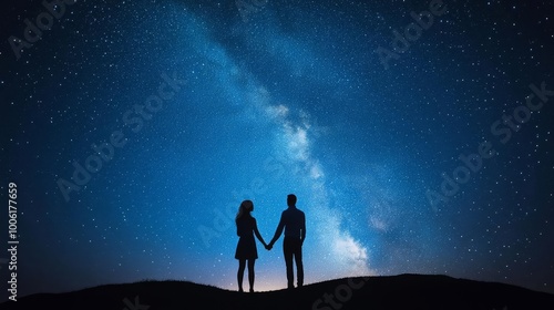 A couple holding hands under a starry sky, symbolizing a promise to stay together forever, promise under stars, eternal love