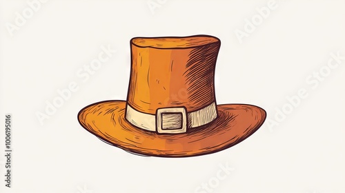 Vintage Pilgrim Hat Illustration with Buckle on White Background - Hand-Drawn Historical Headwear Art