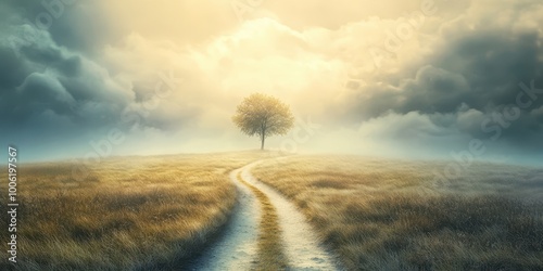 A serene landscape featuring a solitary tree under a dramatic sky, surrounded by golden grass and a meandering path.