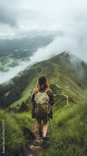 Adventurous hiker with backpack traverses narrow mountain ridge trail, surrounded by lush green slopes and dramatic misty clouds in a breathtaking alpine landscape.