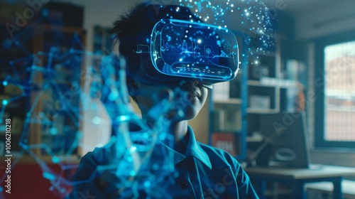 Immersive virtual reality experience: user explores futuristic digital landscape with glowing blue holograms, merging real and virtual worlds seamlessly.