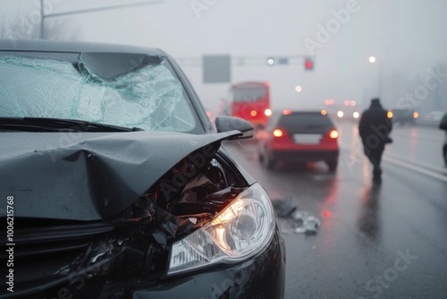 Crashed car on a foggy road with traffic in the background.